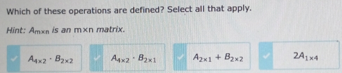 Which of these operations are defined? Select all that apply.
Hint: A_m* n is an m* n matrix.
A_4* 2· B_2* 2 A_4* 2· B_2* 1 A_2* 1+B_2* 2 2A_1* 4