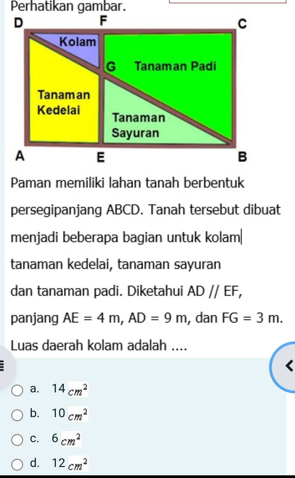 Paman memiliki lahan tanah berbentuk
persegipanjang ABCD. Tanah tersebut dibuat
menjadi beberapa bagian untuk kolam|
tanaman kedelai, tanaman sayuran
dan tanaman padi. Diketahui AD//EF, 
panjang AE=4m, AD=9m , dan FG=3m. 
Luas daerah kolam adalah ....
a. 14cm^2
b. 10cm^2
C. 6cm^2
d. 12cm^2