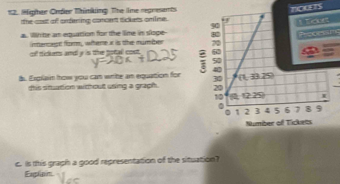 Higher Onder Thinking The Ine regresents 
TOUES 
the cast of ordering concert tickets on line. 
a. Wh te an equattion for the lime in slope-Pocessing 
ntensent form, wheme ir is the mumber 
of tidiens and y is the potall cost. 
b. Explain how you can write an equation for 
this stuation without using a graph. 
Number of Tickets 
c. Is this graph a good representation of the situation? 
Espan