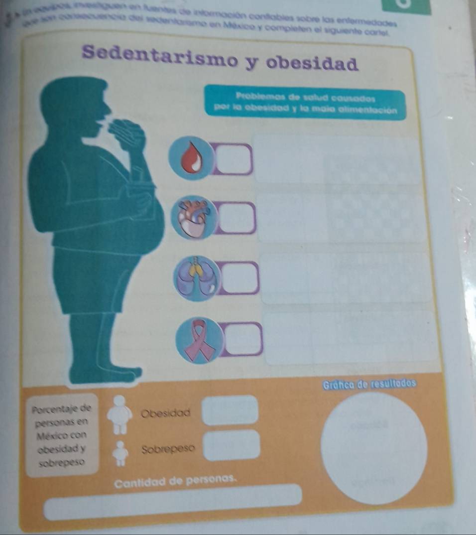 a un equinas invertiguen en fuentes de información conflables sobre las entermedades 
que son coneequencia del sedentarismo e 
Porcentaje de Obesidad 
personas en 
México con 
obesidad y Sobrepeso 
sobrepeso 
Cantidad de personas.