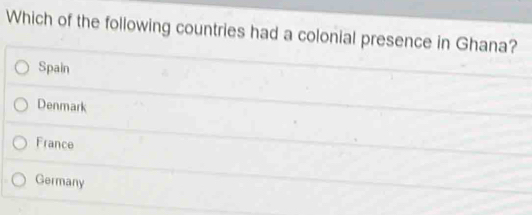 Which of the following countries had a colonial presence in Ghana?
Spain
Denmark
France
Germany