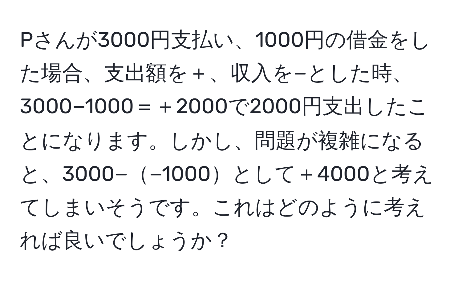 Pさんが3000円支払い、1000円の借金をした場合、支出額を＋、収入を−とした時、3000−1000＝＋2000で2000円支出したことになります。しかし、問題が複雑になると、3000−−1000として＋4000と考えてしまいそうです。これはどのように考えれば良いでしょうか？