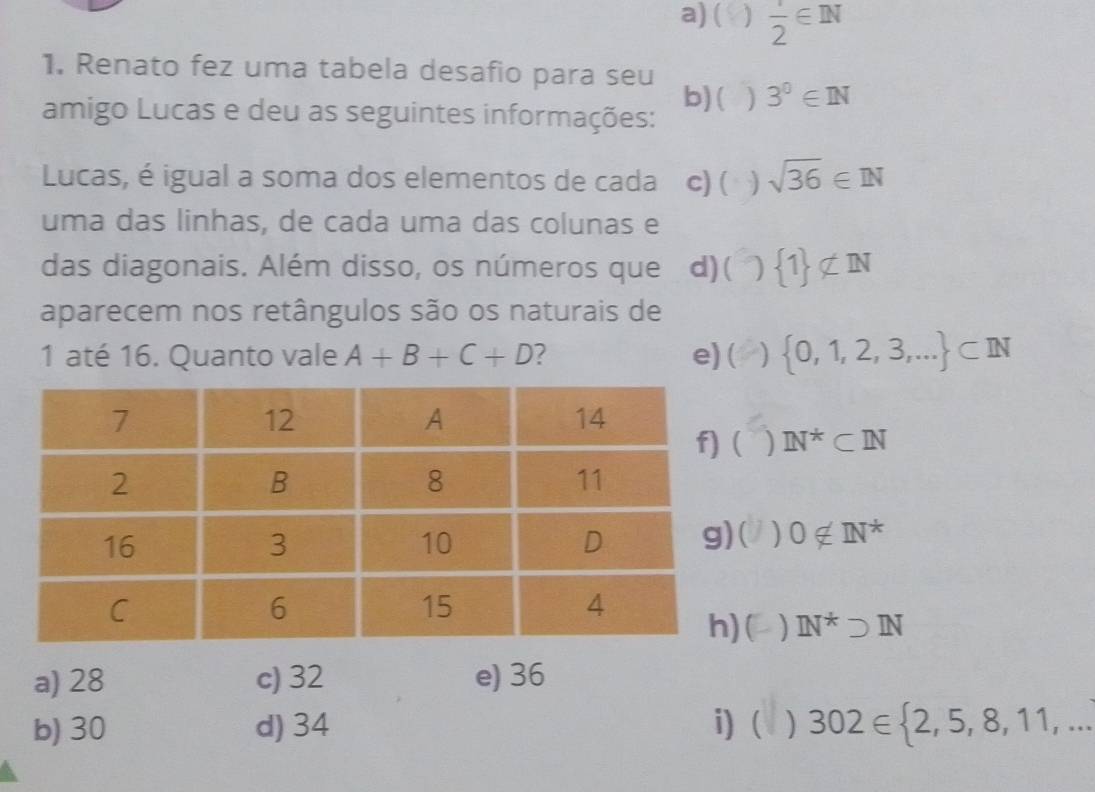 a) ( ]  1/2 ∈ IN
1. Renato fez uma tabela desafio para seu
amigo Lucas e deu as seguintes informações: b)( ) 3^0∈ IN
Lucas, é igual a soma dos elementos de cada c) ( sqrt(36)∈ IN
uma das linhas, de cada uma das colunas e
das diagonais. Além disso, os números que d)(  1 ∉ IN
aparecem nos retângulos são os naturais de
1 até 16. Quanto vale A+B+C+D 2 e)(  0,1,2,3,... ⊂ IN
] IN^*⊂ IN
0∉ IN^*
( IN^*supset IN
a) 28 c) 32 e) 36
b) 30 d) 34 i) ( ) 302∈  2,5,8,11,...