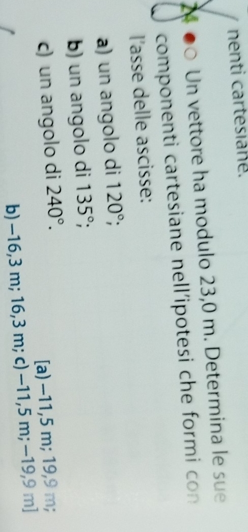 nenti cartesiane.
24 ●○ Un vettore ha modulo 23,0 m. Determina le sue
componenti cartesiane nell'ipotesi che formi cn 
l'asse delle ascisse:
a) un angolo di 120°; 
b) un angolo di 135°; 
c) un angolo di 240°.
[a) -11,5 m; 19,9 m;
b) −16,3 m; 16,3 m; c) −11,5 m; −19,9 m ]