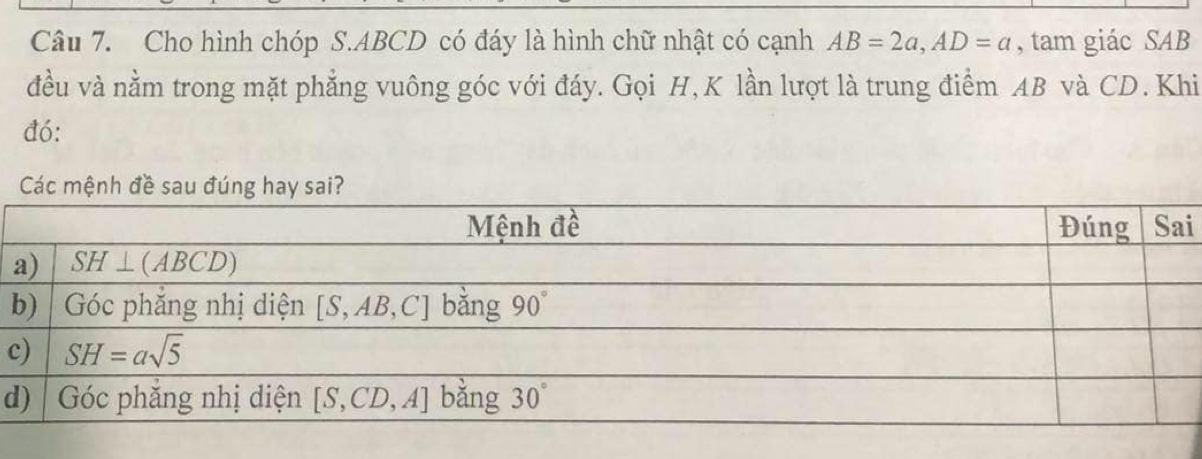 Cho hình chóp S.ABCD có đáy là hình chữ nhật có cạnh AB=2a,AD=a , tam giác SAB
đều và nằm trong mặt phẳng vuông góc với đáy. Gọi H, K lần lượt là trung điểm AB và CD. Khi
đó:
i
c
d