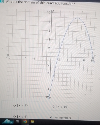 What is the domain of this quadratic function?
x
 x|x≤ 9  x|x≤ 10
 x|x≤ 6 all real numbers