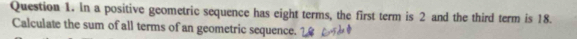 In a positive geometric sequence has eight terms, the first term is 2 and the third term is 18. 
Calculate the sum of all terms of an geometric sequence.