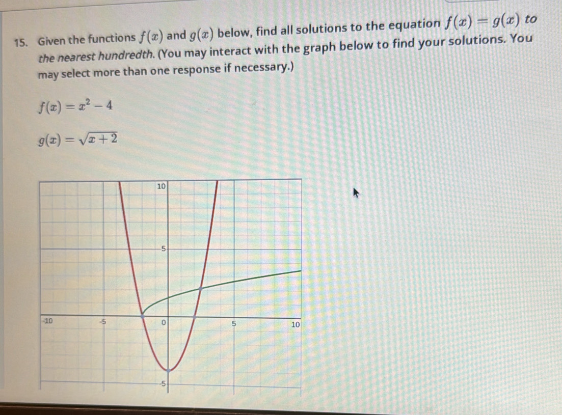 Given the functions f(x) and g(x) below, find all solutions to the equation f(x)=g(x) to 
the nearest hundredth. (You may interact with the graph below to find your solutions. You 
may select more than one response if necessary.)
f(x)=x^2-4
g(x)=sqrt(x+2)