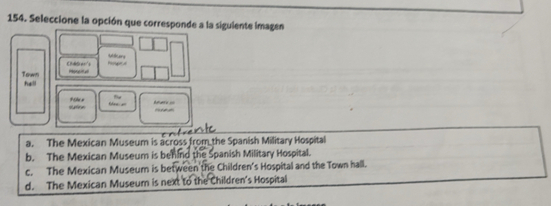 Seleccione la opción que corresponde a la siguiente imagen
Mlcary
Chiddeer's H 
Town Hoseital
hall
9 the n The
scatisin tee s heata ===
a. The Mexican Museum is across from the Spanish Military Hospital
b. The Mexican Museum is behind the Spanish Military Hospital.
c. The Mexican Museum is between the Children's Hospital and the Town hall.
d. The Mexican Museum is next to the Children's Hospital