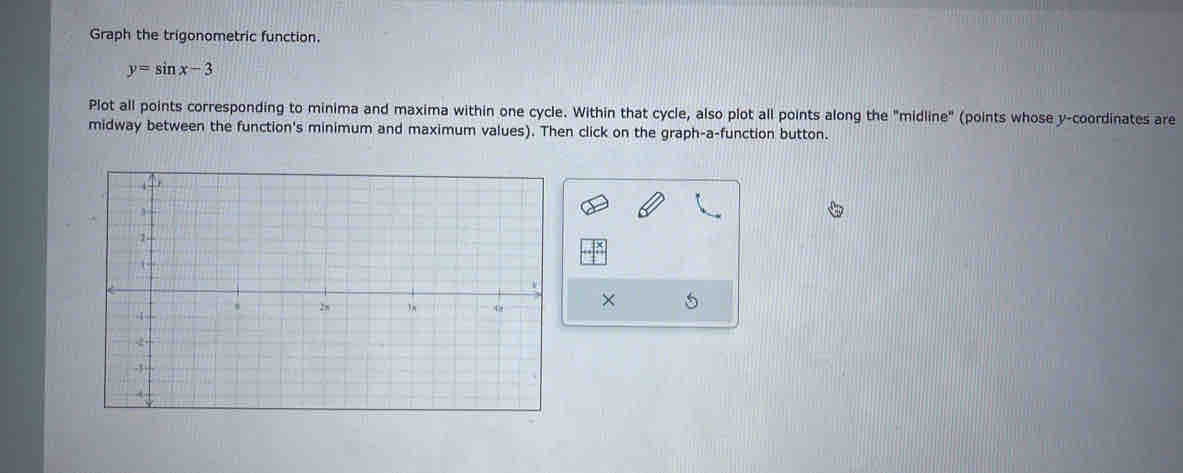 Graph the trigonometric function.
y=sin x-3
Plot all points corresponding to minima and maxima within one cycle. Within that cycle, also plot all points along the "midline" (points whose y-coordinates are 
midway between the function's minimum and maximum values). Then click on the graph-a-function button. 
×