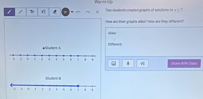 Warm-Up 
i 1 Tr sqrt(± ) × Two students created graphs of solutions to x≤ 7. 
How are their graphs alike? How are they different? 
Alike; 
Different: 
Student A
-2 -1 。 1 2 3 4 5 6 7 B 9
sqrt(± ) Share With Class