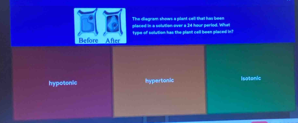 The diagram shows a plant cell that has been
placed in a solution over a 24 hour period. What
type of solution has the plant cell been placed in?
hypotonic hypertonic
Isotonic