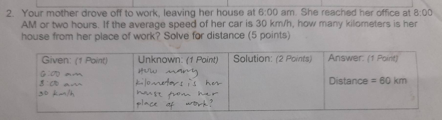 Your mother drove off to work, leaving her house at 6:00 am. She reached her office at 8:00
AM or two hours. If the average speed of her car is 30 km/h, how many kilometers is her
house from her place of work? Solve for distance (5 points)