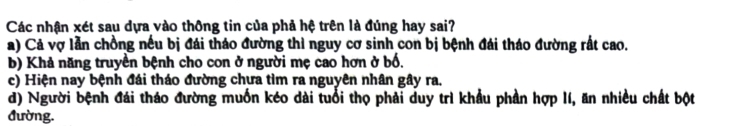 Các nhận xét sau dựa vào thông tin của phả hệ trên là đúng hay sai?
a) Cả vợ lẫn chồng nếu bị đái tháo đường thì nguy cơ sinh con bị bệnh đái tháo đường rất cao.
b) Khả năng truyền bệnh cho con ở người mẹ cao hơn ở bố.
c) Hiện nay bệnh đái tháo đường chưa tìm ra nguyên nhân gây ra.
d) Người bệnh đái tháo đường muốn kéo dài tuổi thọ phải duy trì khẩu phần hợp lí, ăn nhiều chất bột
đường.