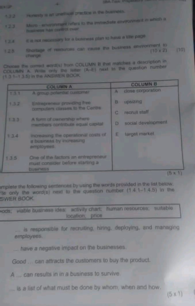 × 2P
+ 3 2 Honesty is an unethicall practice in the bustness.
123 Maro - enveonment refers to the immediate cnvironment in which a
Euess nas confol onar
i s not necessary for a business plan to have a litle page 
1 78 Shortage of resources can cause the business environment to (10
(10* 2)
change
Choose the comrect word(s) from COLUMN B that matches a description in
COILUMN A. Wisls only the letter (A-E) next tn the question number
ER BOOK
implete the following sentences by using the words provided in the list below.
te only the word(s) next to the question number (1.4.1-1.4.5) in the
SWER BOOK
ods; viable business idea; activity chart； human resources； suitable
location, price
is responsible for recruiting, hiring, deploying, and managing
employees.
have a negative impact on the businesses.
Good ... can attracts the customers to buy the product.
A .. can results in in a business to survive.
is a list of what must be done by whom, when and how.
(5* 1)