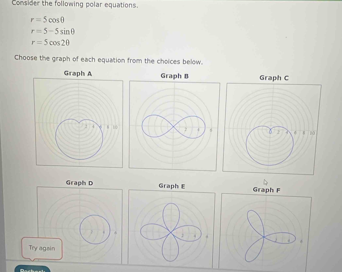 Consider the following polar equations.
r=5cos θ
r=5-5sin θ
r=5cos 2θ
Choose the graph of each equation from the choices below. 
Graph B
2 4 6
Graph D
2 4 6
Try again