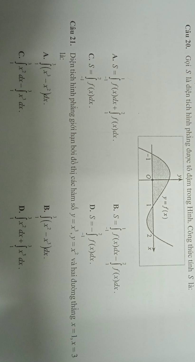 Gọi S là diện tích hình phẳng được tô đậm trong Hình. Công thức tính S là:
A. S=∈tlimits _(-1)^1f(x)dx+∈tlimits _1^(2f(x)dx. S=∈tlimits _(-1)^1f(x)dx-∈tlimits _1^2f(x)dx.
B.
C. S=∈tlimits _(-1)^2f(x)dx. S=-∈tlimits _(-1)^2f(x)dx.
D.
Câu 21. Diện tích hình phẳng giới hạn bởi đồ thị các hàm số y=x^3),y=x^2 và hai đường thắng x=1,x=3
là:
A. ∈tlimits _0^(3(x^3)-x^2)dx. ∈tlimits _1^(3(x^2)-x^3)dx.
B.
C. ∈tlimits _1^(3x^2)dx-∈tlimits _1^(3x^3)dx. ∈tlimits _1^(3x^2)dx+∈tlimits _1^(3x^3)dx.
D.