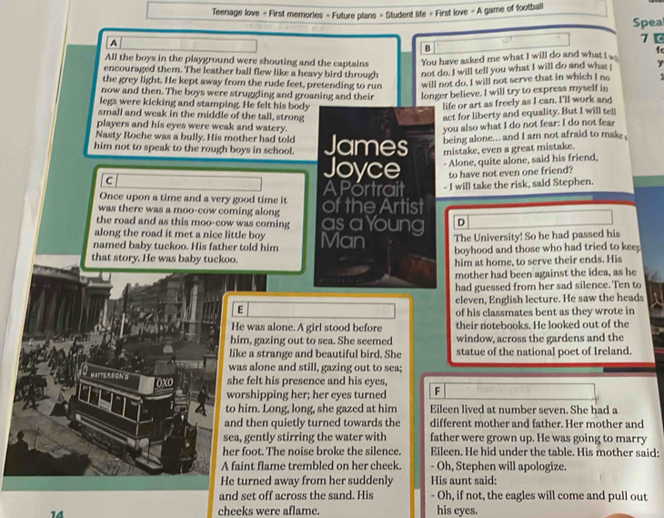 Teenage love = First memories - Future plans = Student life = First love - A game of football
Spea
A
B 7 
All the boys in the playground were shouting and the captains You have asked me what I will do and what I w f
encouraged them. The leather ball flew like a heavy bird through not do. I will tell you what I will do and what I y
the grey light. He kept away from the rude feet, pretending to run will not do, I will not serve that in which I no 1
now and then. The boys were struggling and groaning and their longer believe. I will try to express myself in
legs were kicking and stamping. He felt his body life or art as freely as I can. I'll work and
small and weak in the middle of the tall, strong act for liberty and equality. But I will tell
players and his eyes were weak and watery. you also what I do not fear: I do not fear
Nasty Roche was a bully. His mother had told being alone... and I am not afraid to make 
him not to speak to the rough boys in school. James mistake, even a great mistake.
C - Alone, quite alone, said his friend,
Joyce to have not even one friend?
Once upon a time and a very good time it APortrait - I will take the risk, said Stephen.
was there was a moo-cow coming along of the Artist
the road and as this moo-cow was coming as a Young D
along the road it met a nice little boy
named baby tuckoo. His father told him Man The University! So he had passed his
that story. He was baby tuckoo. boyhood and those who had tried to keep
him at home, to serve their ends. His
mother had been against the idea, as he
had guessed from her sad silence. Ten to
eleven, English lecture. He saw the heads
E
of his classmates bent as they wrote in
He was alone. A girl stood before their notebooks. He looked out of the
him, gazing out to sea. She seemed window, across the gardens and the
like a strange and beautiful bird. She statue of the national poet of Ireland.
was alone and still, gazing out to sea;
CW 
oxo she felt his presence and his eyes,
worshipping her; her eyes turned F
to him. Long, long, she gazed at him Eileen lived at number seven. She had a
and then quietly turned towards the different mother and father. Her mother and
sea, gently stirring the water with father were grown up. He was going to marry
her foot. The noise broke the silence. Eileen. He hid under the table. His mother said:
A faint flame trembled on her cheek. - Oh, Stephen will apologize.
He turned away from her suddenly His aunt said:
and set off across the sand. His - Oh, if not, the eagles will come and pull out
14 cheeks were aflame. his eyes.
