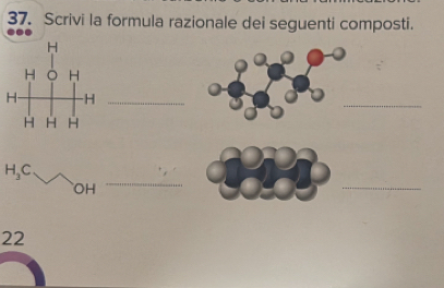 Scrivi la formula razionale dei seguenti composti.
H
H 。 H
H H_ 
_
H H H
H_3C. V
OH 
_ 
_ 
22