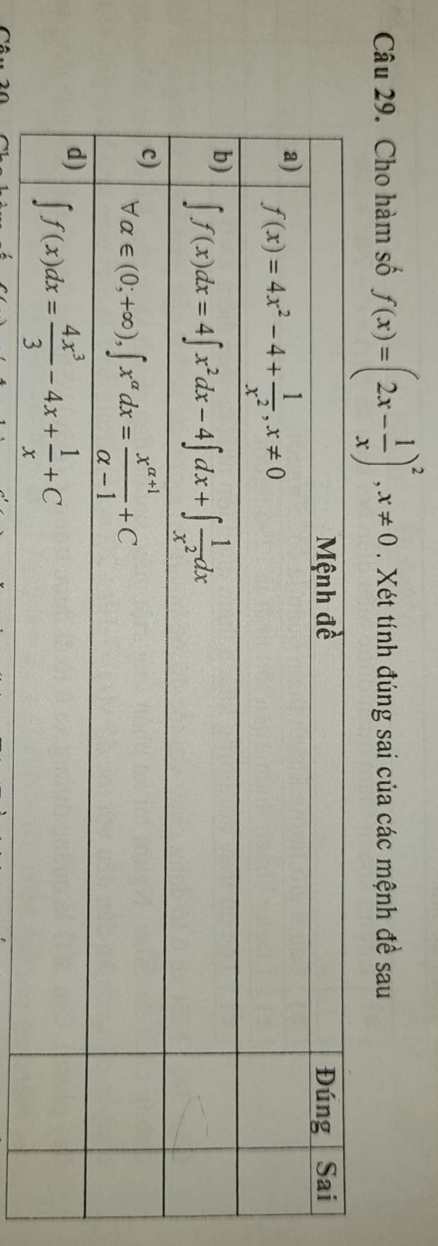 Cho hàm số f(x)=(2x- 1/x )^2,x!= 0. Xét tính đúng sai của các mệnh đề sau