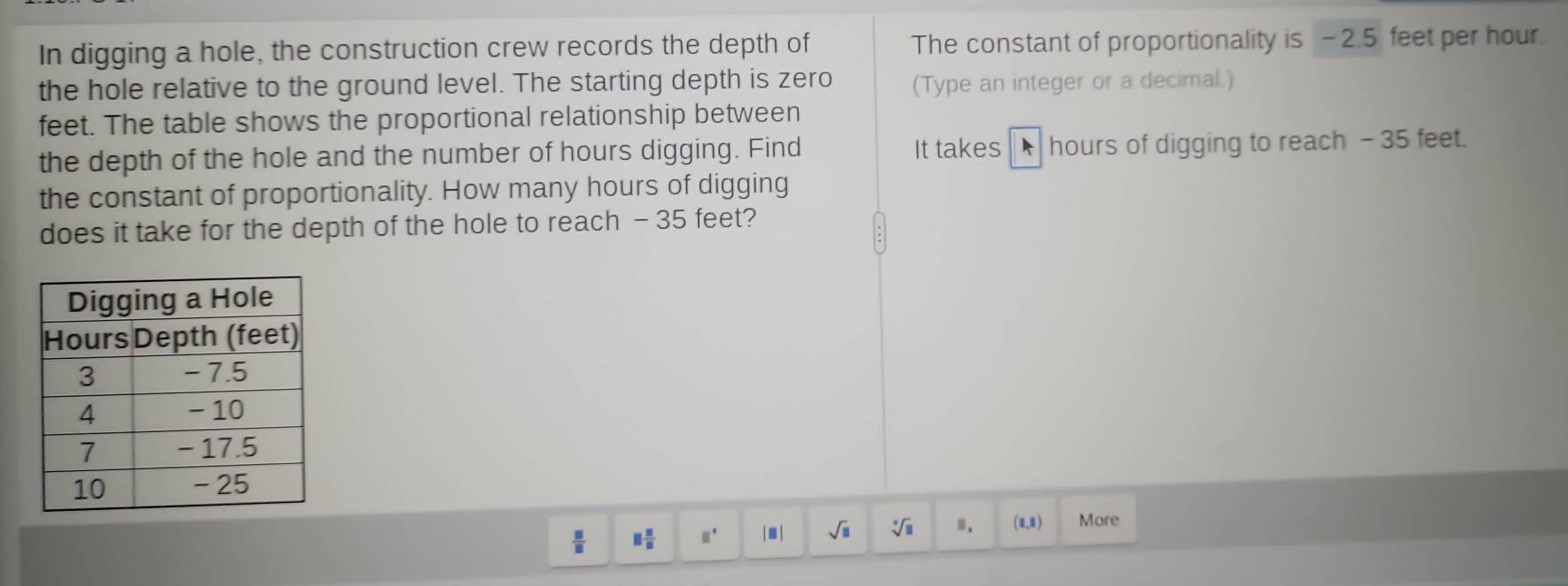 In digging a hole, the construction crew records the depth of The constant of proportionality is -2.5 feet per hour. 
the hole relative to the ground level. The starting depth is zero (Type an integer or a decimal.)
feet. The table shows the proportional relationship between 
the depth of the hole and the number of hours digging. Find It takes hours of digging to reach - 35 feet. 
the constant of proportionality. How many hours of digging 
does it take for the depth of the hole to reach - 35 feet?
 □ /□   □  □ /□   □° □ | sqrt(□ ) sqrt[□](□ ) 8. (1,1) More