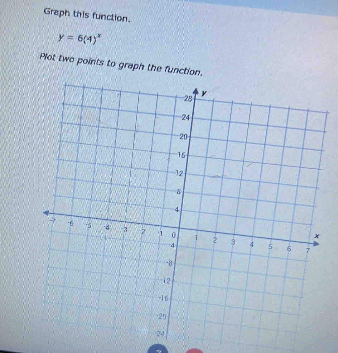 Graph this function.
y=6(4)^x
Plot two points to graph the funct