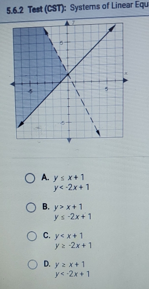 Test (CST): Systems of Linear Equ
A. y≤ x+1
y
B. y>x+1
y≤ -2x+1
C. y
y≥ -2x+1
D. y≥ x+1
y