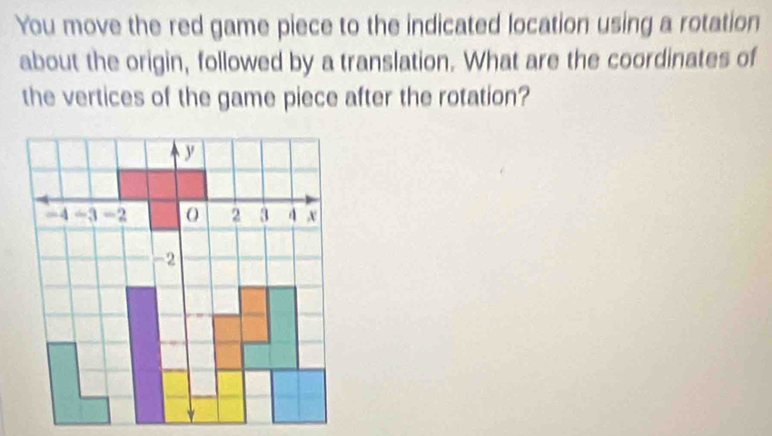 You move the red game piece to the indicated location using a rotation 
about the origin, followed by a translation. What are the coordinates of 
the vertices of the game piece after the rotation?