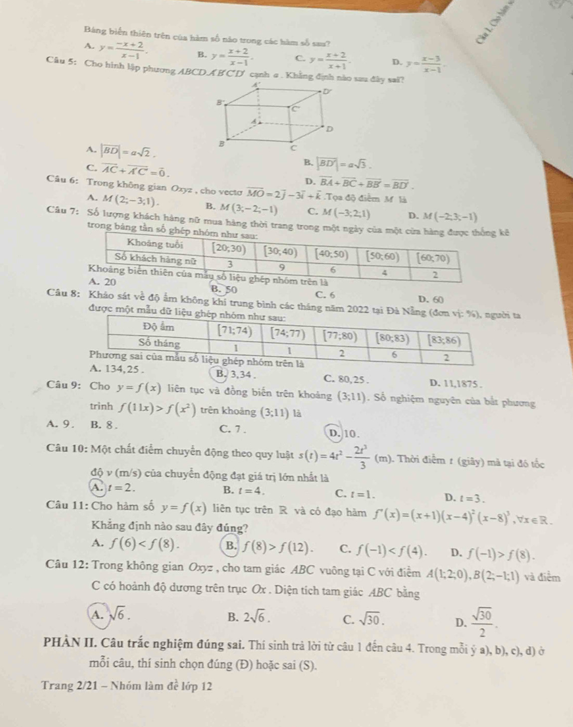 Bảng biến thiên trên của hàm số não trong các hàm số sau?
B
A. y= (-x+2)/x-1 . B. y= (x+2)/x-1 . C. y= (x+2)/x+1 . D. y= (x-3)/x-1 .
Câu 5: Cho hình lập phương ABCD.ABC'D' cạnh a . Khẳng định nào sau đây sai?
A
D
B
C
A
D
A. |vector BD|=asqrt(2).
B
c
B. |overline BD'|=asqrt(3).
C. overline AC+overline A'C'=overline 0. D. overline BA+overline BC+overline BB=overline BD'.
Câu 6: Trong không gian Oxyz , cho vectơ vector MO=2vector j-3vector i+vector k.Tọa độ điểm M là
A. M(2;-3;1). B. M(3;-2;-1) C. M(-3;2;1) D. M(-2;3;-1)
Câu 7: Số lượng khách hàng nữ mua hãng thời trang trong m kế
trong bảng
B. 50 C. 6
D. 60
Câu 8: Khảo sát về độ ẩm không khi trung bình các tháng năm 2022 tại Đà Nẵngi ta
được một mẫu dữ li
5 . B. 3,34 . C. 80,25. D. 11,1875 .
Câu 9: Cho y=f(x) liên tục và đồng biến trên khoảng (3;11). Số nghiệm nguyên của bắt phương
trình f(11x)>f(x^2) trên khoảng (3;11) là
A. 9. B. 8 . C. 7 . D. 10.
Câu 10: Một chất điểm chuyển động theo quy luật s(t)=4t^2- 2t^3/3 (m) 1 Thời điểm t (giây) mà tại đó tốc
độ v(m/s) của chuyển động đạt giá trị lớn nhất là
A. t=2. B. t=4. C. t=1.
D. t=3.
Câu 11: Cho hàm số y=f(x) liên tục trên R và có đạo hàm f'(x)=(x+1)(x-4)^2(x-8)^3,forall x∈ R.
Khẳng định nào sau đây đúng?
A. f(6) B. f(8)>f(12). C. f(-1) D. f(-1)>f(8).
Câu 12: Trong không gian Oxyz , cho tam giác ABC vuông tại C với điểm A(1;2;0),B(2;-1;1) và điểm
C có hoành độ dương trên trục Ox . Diện tích tam giác ABC bằng
A. sqrt(6). B. 2sqrt(6). sqrt(30).
C.
D.  sqrt(30)/2 .
PHÀN II. Câu trắc nghiệm đúng sai. Thí sinh trả lời từ câu 1 đến câu 4. Trong mỗi ý a), b), c), d) ở
mỗi câu, thí sinh chọn đúng (Đ) hoặc sai (S).
Trang 2/21 - Nhóm làm đề lớp 12