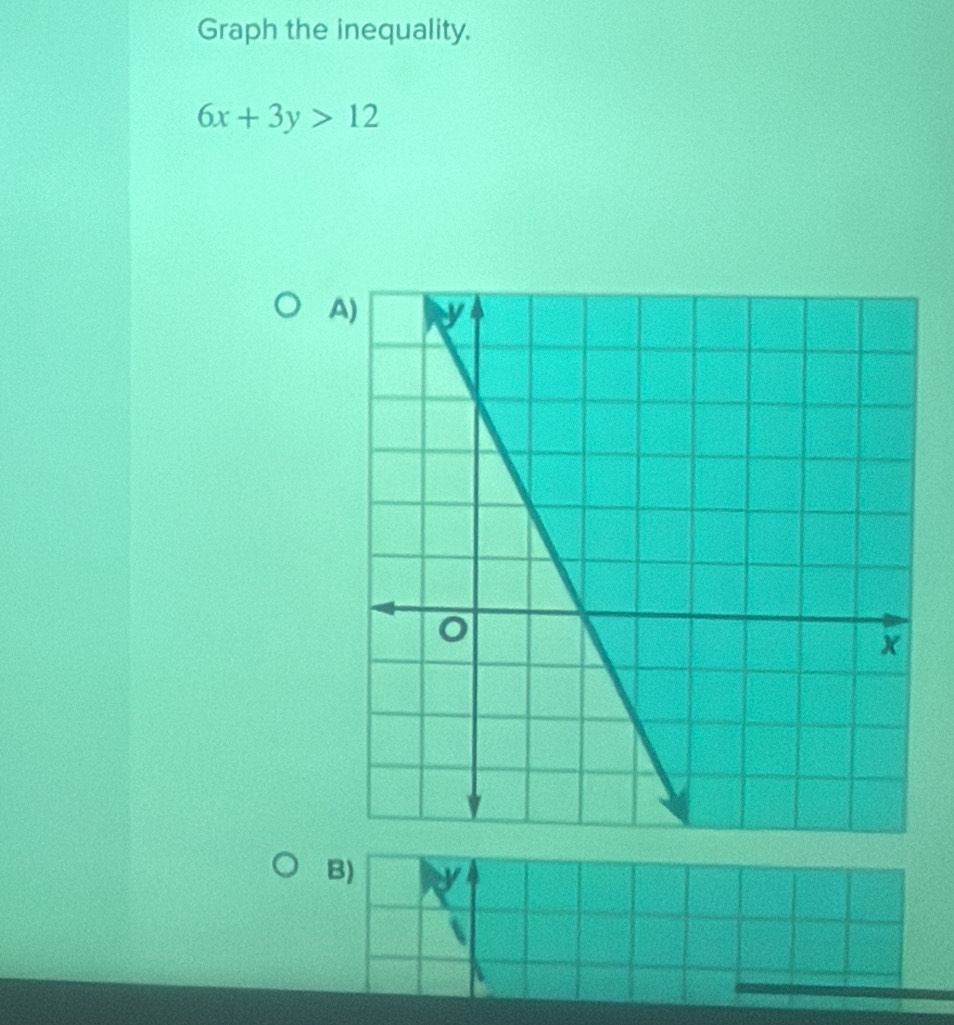 Graph the inequality.
6x+3y>12
A 
B)