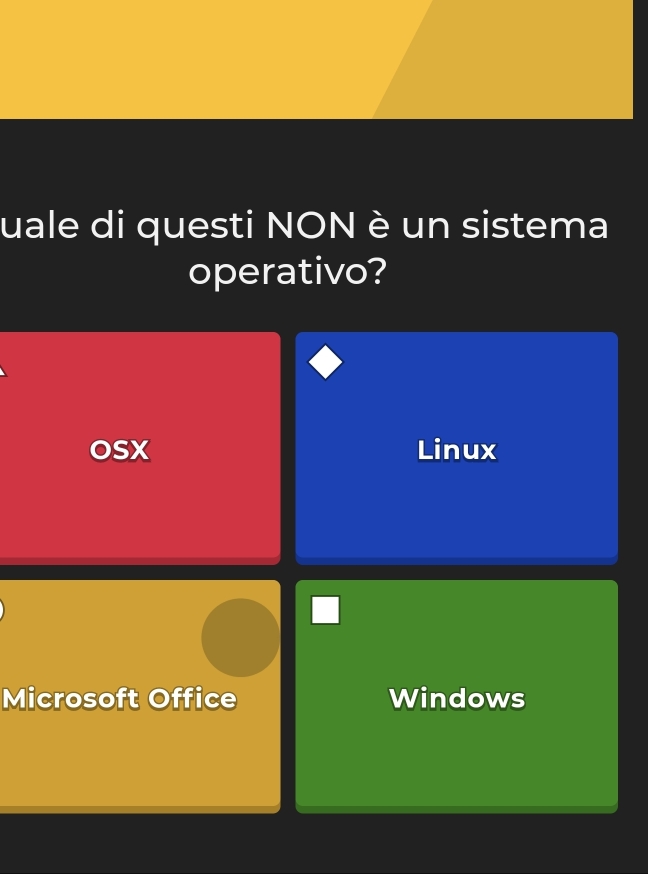 uale di questi NON è un sistema
operativo?
OSx Linux
Microsoft Office Windows