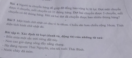 Người ta chuyển hàng để giúp đỡ đồng bảo vùng bị lũ lụt. Đợt một chuyển 
được 4 chuyển, môi chuyển có 35 thùng hàng. Đợt hai chuyển được 5 chuyển, mỗi 
chuyển có 60 thùng hàng. Hỏi cả hai đợt đã chuyển được bao nhiều thùng hàng? 
Bài 5 Một hình chữ nhật có chu vi là 68cm. Chiều dài hơn chiều rộng 16cm. Tính 
diện tích hình chữ nhật đó. 
Bài tập 6: Xác định từ loại (danh từ, động từ) của những từ sau: 
- Bốn mùa một sắc trời riêng đất này. 
- Non cao giỏ dựng sông đầy nắng chang. 
- Họ đang ngược Thái Nguyên, còn tôi xuôi Thái Bình. 
- Nước chảy đá mòn.