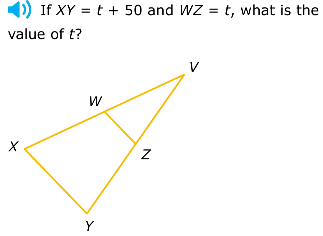 If XY=t+50 and WZ=t , what is the 
value of t?