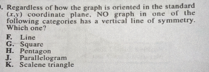 Regardless of how the graph is oriented in the standard
(x,y) coordinate plane, NO graph in one of the
following categories has a vertical line of symmetry.
Which one?
F.Line
G. Square
H. Pentagon
J. Parallelogram
K. Scalene triangle