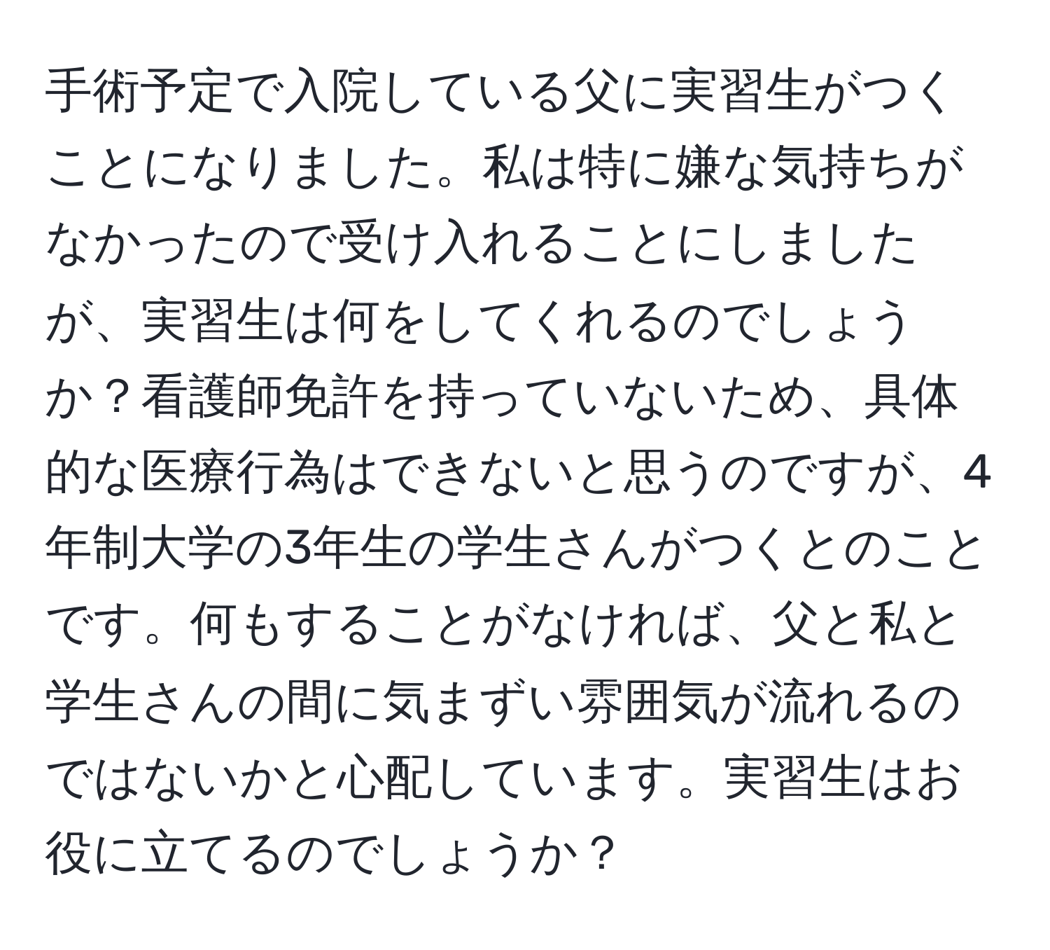 手術予定で入院している父に実習生がつくことになりました。私は特に嫌な気持ちがなかったので受け入れることにしましたが、実習生は何をしてくれるのでしょうか？看護師免許を持っていないため、具体的な医療行為はできないと思うのですが、4年制大学の3年生の学生さんがつくとのことです。何もすることがなければ、父と私と学生さんの間に気まずい雰囲気が流れるのではないかと心配しています。実習生はお役に立てるのでしょうか？