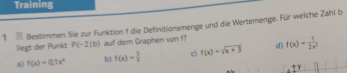 Training
1 Bestimmen Sie zur Funktion f die Definitionsmenge und die Wertemenge. Für welche Zahl b
d) f(x)= 1/2x^2 
liegt der Punkt P(-2|b) auf dem Graphen von f?
a) f(x)=0,1x^4 f(x)= 3/x  c) f(x)=sqrt(x+3)
b)
y