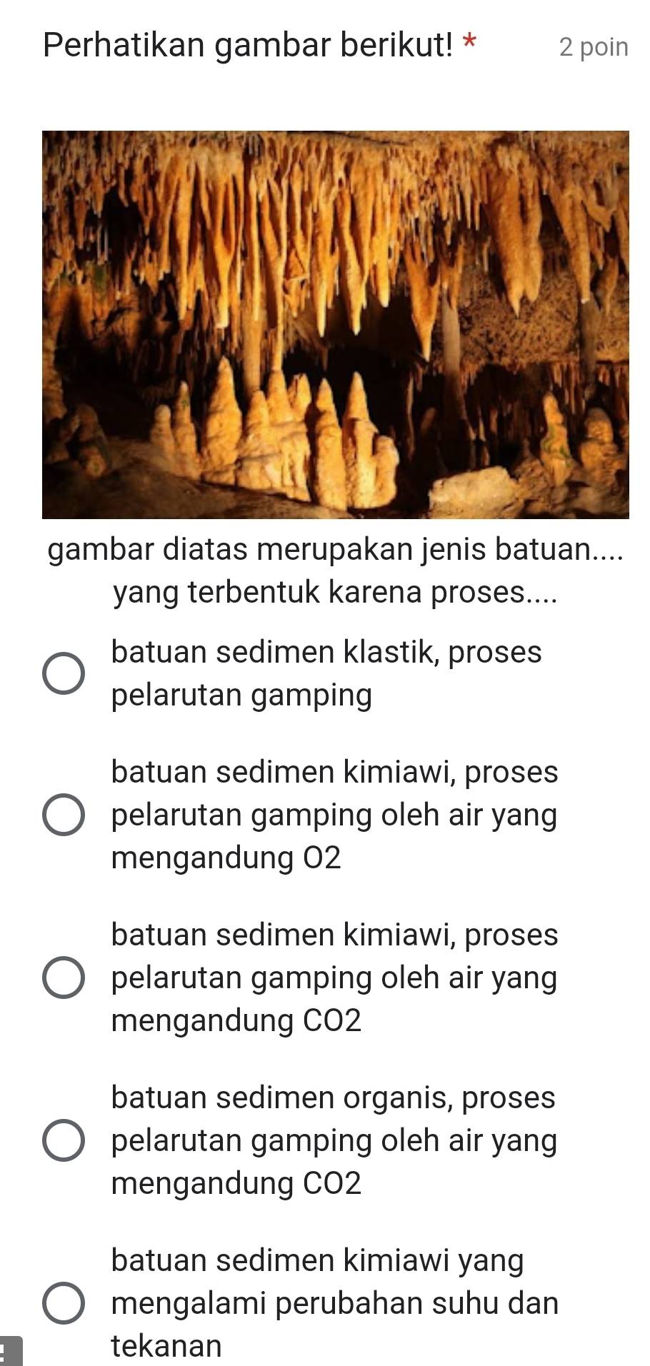 Perhatikan gambar berikut! * 2 poin
gambar diatas merupakan jenis batuan....
yang terbentuk karena proses....
batuan sedimen klastik, proses
pelarutan gamping
batuan sedimen kimiawi, proses
pelarutan gamping oleh air yang
mengandung O2
batuan sedimen kimiawi, proses
pelarutan gamping oleh air yang
mengandung CO2
batuan sedimen organis, proses
pelarutan gamping oleh air yang
mengandung CO2
batuan sedimen kimiawi yang
mengalami perubahan suhu dan
tekanan