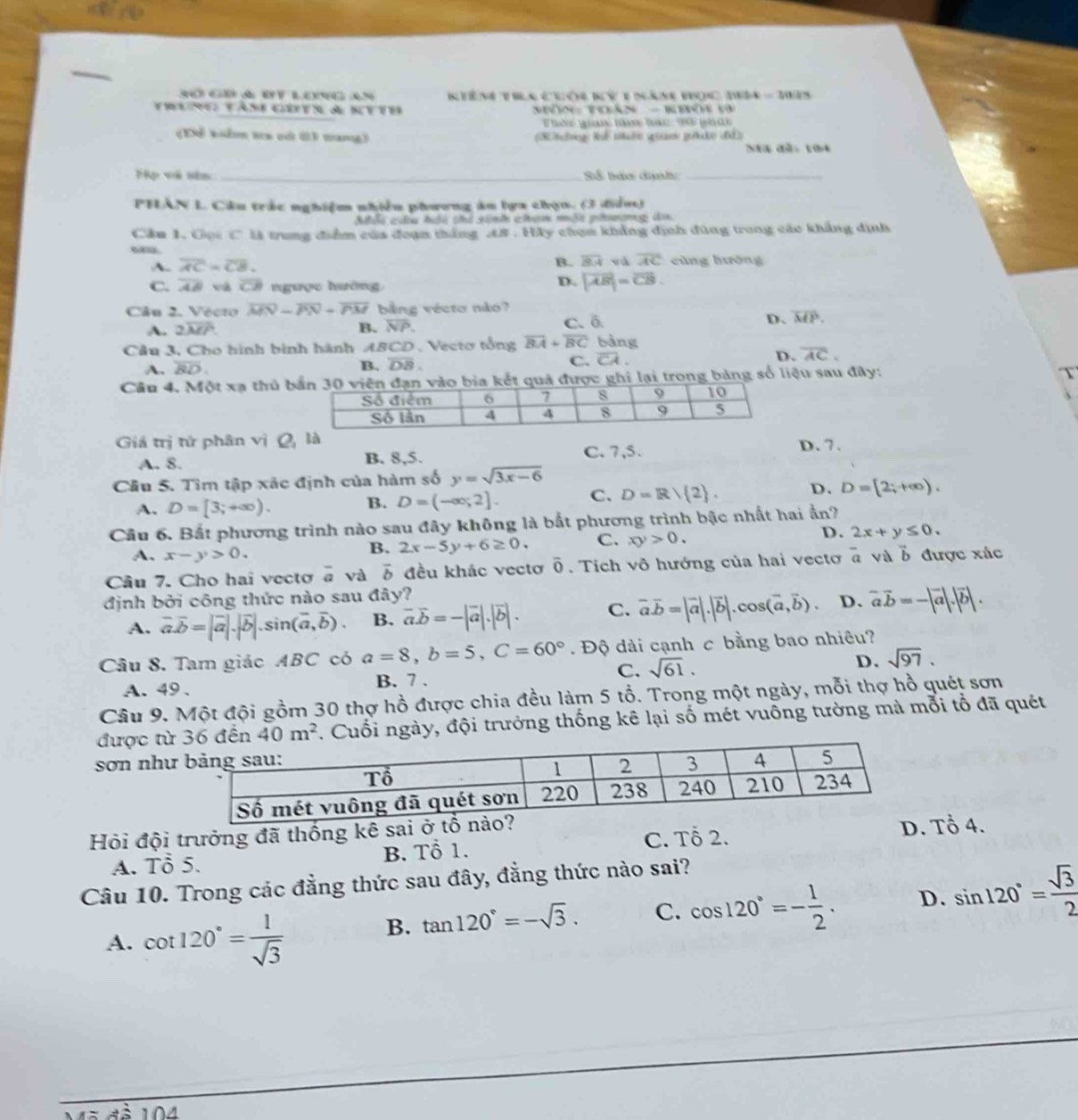 S0 GB a By longan  Ktêm tia chói kỹ 1 nàn vọc tê - 1915
Trung tâm Getr a Ktth  Nôn : Thán - Khòi v
t g tm ta  9 (  
(Để kiểm ta vớ 03 tang) (K nông lể nhậc quan ghảc đá)
Na đã: 1o4
Họ và sin _Số báo dịnh:_
PHẢN L. Câu trắc nghiệm nhiên phương án lựa chọn. (3 điểm)
Cầu 1. Gội C là trung điểm của đoạn thắng AB . Hây chọm khẳng định đùng trong các khẳng định
“.
B. overline BA và
A. overline AC=overline CB. overline AC cùng hướng
C. overline AB và overline CB ngưọc hường
D. |vector AB|=vector CB.
Câu 2. Vécto overline MN-overline PN+overline PM bằng vécto não?
A. 2overline MP. B. overline NP. C. 6 D、 overline MP.
Cầu 3, Cho hình bình hành ABCD , Vectơ tổng overline BA+overline BC bảng
A. overline BD.
B. overline DB C. overline CA. D. overline AC.
Cầu 4. Một xạ thủ ào bia kết quả được ghi lại trong bảng số liệu sau đây:
Giả trị tử phân vị Qị là D.7.
A. 8. B. 8,5. C. 7,5.
Câu 5. Tìm tập xác định của hàm số y=sqrt(3x-6)
A. D=[3;+∈fty ).
B. D=(-∈fty ;2]. C. D=R/ 2 . D. D=[2;+∈fty ).
Cầu 6. Bắt phương trình nào sau đây không là bắt phương trình bậc nhất hai ẩn?
A, x-y>0.
B. 2x-5y+6≥ 0. C. xy>0. D. 2x+y≤ 0.
Câu 7. Cho hai vectơ à và d đều khác vectơ Ō. Tích vô hướng của hai vectơ overline a và vector b được xác
định bởi công thức nào sau đây?
A. vector a.vector b=|vector a|.|vector b|.sin (vector a,vector b). B. vector a.vector b=-|vector a|.|vector b|. C. vector a.vector b=|vector a|.|vector b|.cos (vector a,vector b). D. vector avector b=-|vector a|.|vector b|.
Câu 8. Tam giác ABC có a=8,b=5,C=60°. Độ dài cạnh c bằng bao nhiêu?
C. sqrt(61). D. sqrt(97).
A. 49、 B. 7 .
Câu 9. Một đội gồm 30 thợ hồ được chia đều làm 5 tổ. Trong một ngày, mỗi thợ hồ quét sơn
được từCuối ngày, đội trưởng thống kê lại số mét vuông tường mà mỗi tổ đã quét
sơn như
Hỏi đội trưởng đã thống kê sa
A. Tổ 5. B. Tổ 1. C. Tổ 2.  Tổ 4.
Câu 10. Trong các đẳng thức sau đây, đẳng thức nào sai?
A. cot 120°= 1/sqrt(3) 
B. tan 120°=-sqrt(3). C. cos 120°=- 1/2 . D. sin 120°= sqrt(3)/2 