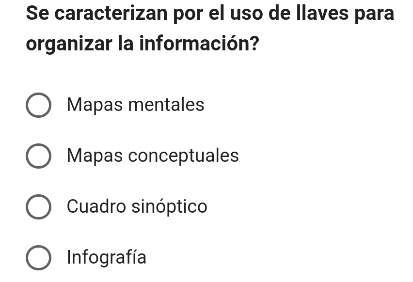 Se caracterizan por el uso de llaves para
organizar la información?
Mapas mentales
Mapas conceptuales
Cuadro sinóptico
Infografía