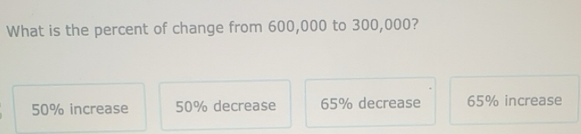 Solved: What is the percent of change from 600,000 to 300,000? 50% ...