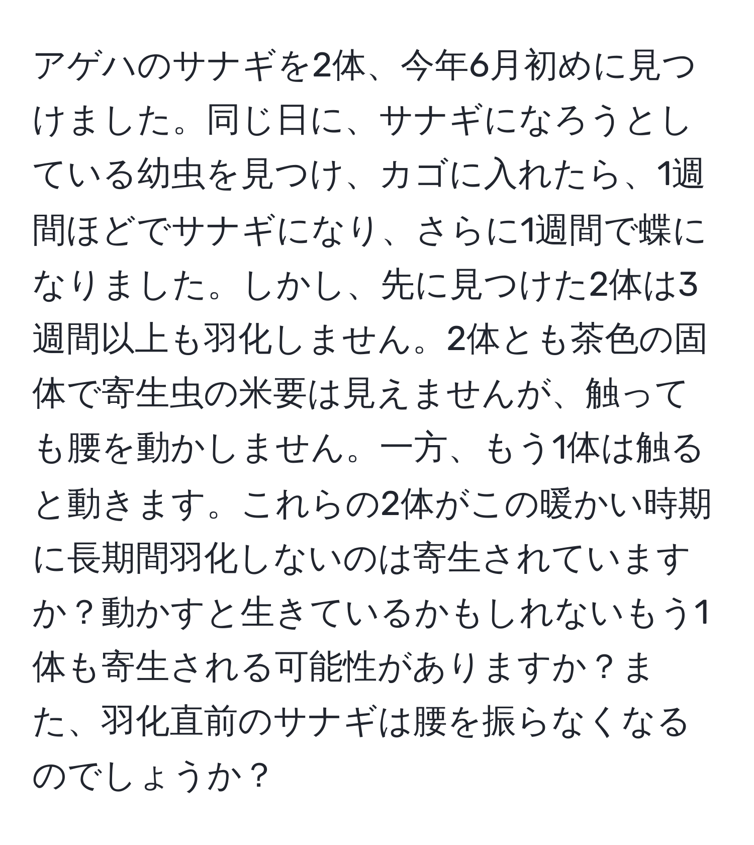 アゲハのサナギを2体、今年6月初めに見つけました。同じ日に、サナギになろうとしている幼虫を見つけ、カゴに入れたら、1週間ほどでサナギになり、さらに1週間で蝶になりました。しかし、先に見つけた2体は3週間以上も羽化しません。2体とも茶色の固体で寄生虫の米要は見えませんが、触っても腰を動かしません。一方、もう1体は触ると動きます。これらの2体がこの暖かい時期に長期間羽化しないのは寄生されていますか？動かすと生きているかもしれないもう1体も寄生される可能性がありますか？また、羽化直前のサナギは腰を振らなくなるのでしょうか？