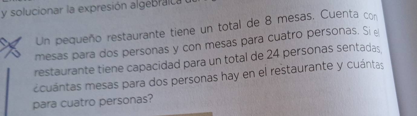 solucionar la expresión algebraica 
Un pequeño restaurante tiene un total de 8 mesas. Cuenta con 
mesas para dos personas y con mesas para cuatro personas. Si e 
restaurante tiene capacidad para un total de 24 personas sentadas, 
e cuántas mesas para dos personas hay en el restaurante y cuántas 
para cuatro personas?