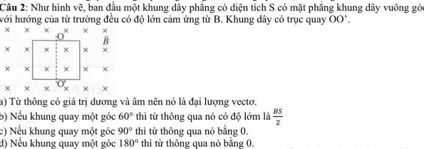 Như hình vẽ, ban đầu một khung dây phăng có diện tích S có mặt phăng khung dây vuông gói 
hới hướng của từ trường đều có độ lớn cảm ứng từ B. Khung dây có trục quay OO'. 
x x* x × × 
0 B 
x × × × × 
× × × × 
× × × 
a) Từ thông có giá trị dương và âm nên nó là đại lượng vectơ. 
b) Nếu khung quay một góc 60° thì từ thông qua nó có độ lớm là  BS/2 
c) Nếu khung quay một góc 90° thì từ thông qua nó bằng 0. 
d) Nếu khung quay một góc 180° thì từ thông qua nó bằng 0.