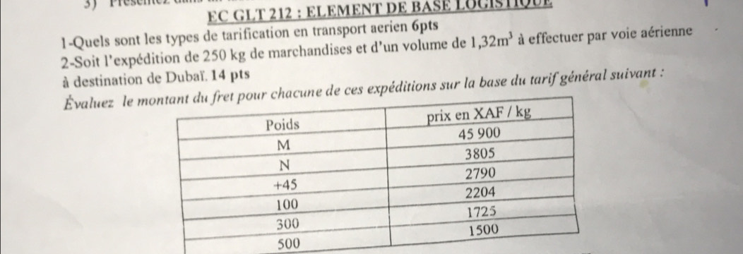 Présen 
EC GLT 212 : ELEMENT DE BASE LOCISTIqUe 
1-Quels sont les types de tarification en transport aerien 6pts 
2-Soit l'expédition de 250 kg de marchandises et d’un volume de 1,32m^3 à effectuer par voie aérienne 
à destination de Dubaï. 14 pts 
Évaluez le m expéditions sur la base du tarif général suivant :