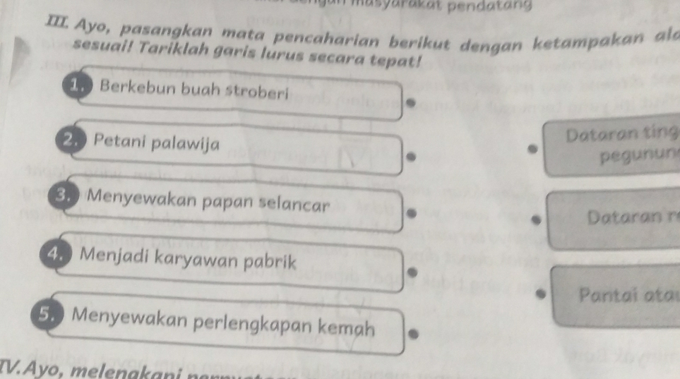 masyarakat pendatang 
II. Ayo, pasangkan mata pencaharian berikut dengan ketampakan ald 
sesuai! Tariklah garis lurus secara tepat! 
1. Berkebun buah stroberi 
2. Petani palawija 
Dataran ting 
pegunun 
3. 3 Menyewakan papan selancar 
Dataran r 
4. Menjadi karyawan pabrik 
Pantai ataí 
5. 0 Menyewakan perlengkapan kemah 
T l a