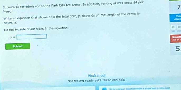 It costs $8 for admission to the Park City Ice Arena. In addition, renting skates costs $4 per
7
hour. 
Write an equation that shows how the total cost, y, depends on the length of the rental in 
T
hours, x. 
Do not include dollar signs in the equation.
90
y=□ Semart3 
out of 1 
Submit
5
Work it out 
Not feeling ready yet? These can help: 
Vrte a linear equation from a slupe and y-intercept