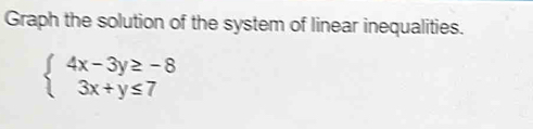 Graph the solution of the system of linear inequalities.
beginarrayl 4x-3y≥ -8 3x+y≤ 7endarray.