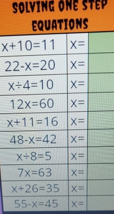 Solving one step
55-x=45 X=