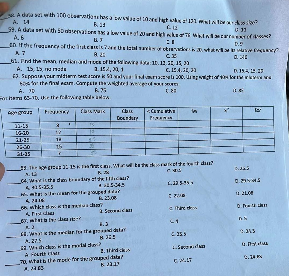 A data set with 100 observations has a low value of 10 and high value of 120. What will be our class size?
A. 14 B. 13 C. 12
D. 11
_59. A data set with 50 observations has a low value of 20 and high value of 76. What will be our number of classes?
A. 6 B. 7
C. 8
D. 9
_60. If the frequency of the first class is 7 and the total number of observations is 20, what will be its relative frequency?
A. 7 B. 20 C. 35
D. 140
_61. Find the mean, median and mode of the following data: 10, 12, 20, 15, 20
A. 15, 15, no mode B. 15.4, 20, 1 C. 15.4, 20, 20 D. 15.4, 15, 20
_62. Suppose your midterm test score is 50 and your final exam score is 100. Using weight of 40% for the midterm and
60% for the final exam. Compute the weighted average of your scores.
A. 70 B. 75 C. 80 D. 85
For items 63-70, Use the following table below.
_63. The age group 11-15 is the first class. What will be the class mark of the fourth class?
C. 30.5 D. 25.5
A. 13 B. 28
64. What is the class boundary of the fifth class?
_A. 30.5-35.5 B. 30.5-34.5 C. 29.5-35.5 D. 29.5-34.5
65. What is the mean for the grouped data?
_A. 24.08 B. 23.08 C. 22.08 D. 21.08
66. Which class is the median class?
_A. First Class B. Second class C. Third class D. Fourth class
_67. What is the class size? C. 4 D. 5
B. 3
A. 2
_
68. What is the median for the grouped data? D. 24.5
A. 27.5 B. 26.5
C. 25.5
69. Which class is the modal class?
_A. Fourth Class B. Third class C. Second class D. First class
70. What is the mode for the grouped data?
_A. 23.83 B. 23.17 C. 24.17 D. 24.68