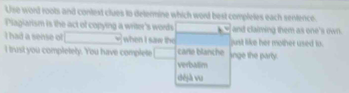 Use word roots and context clues to determine which word best compleles each sentence. 
Plagiarism is the act of copying a writer's words and claiming them as one's own. 
I had a sense of when I saw th just like her mother used to. 
I trust you completely. You have complete carle blanche inge the party: 
verbalim 
déjà vu